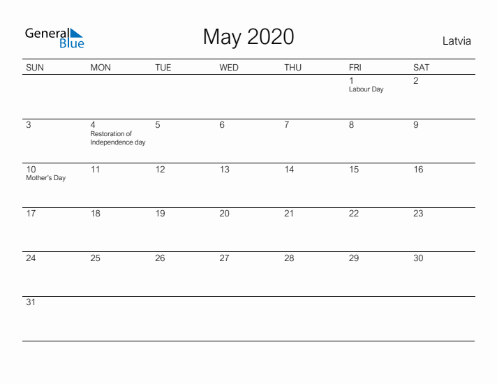 Printable May 2020 Calendar for Latvia