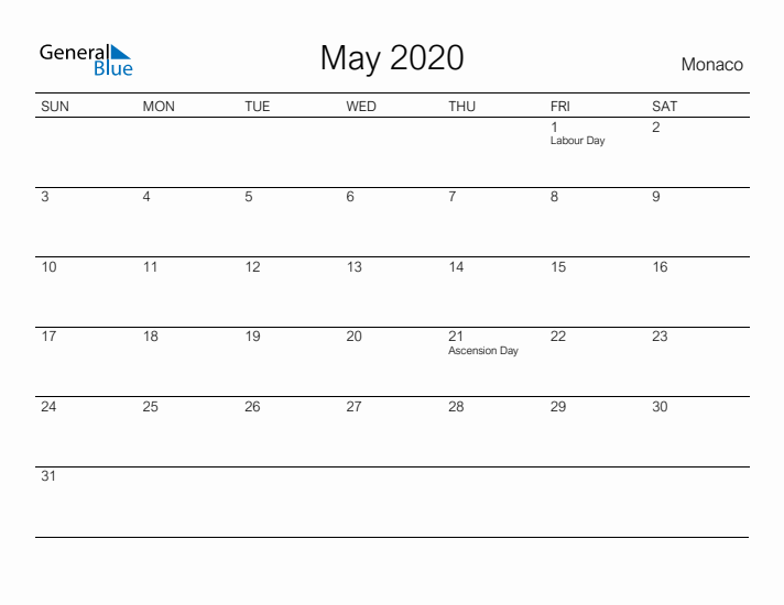 Printable May 2020 Calendar for Monaco