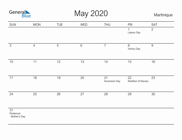 Printable May 2020 Calendar for Martinique