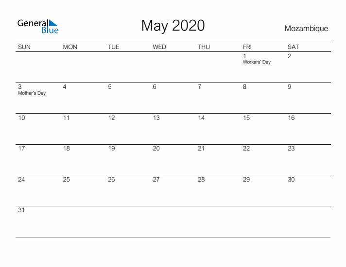 Printable May 2020 Calendar for Mozambique
