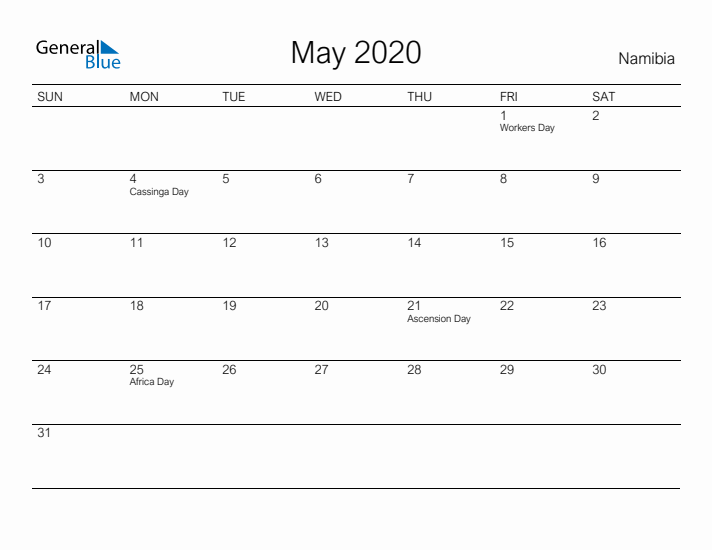 Printable May 2020 Calendar for Namibia
