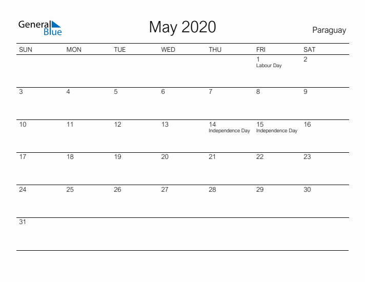 Printable May 2020 Calendar for Paraguay