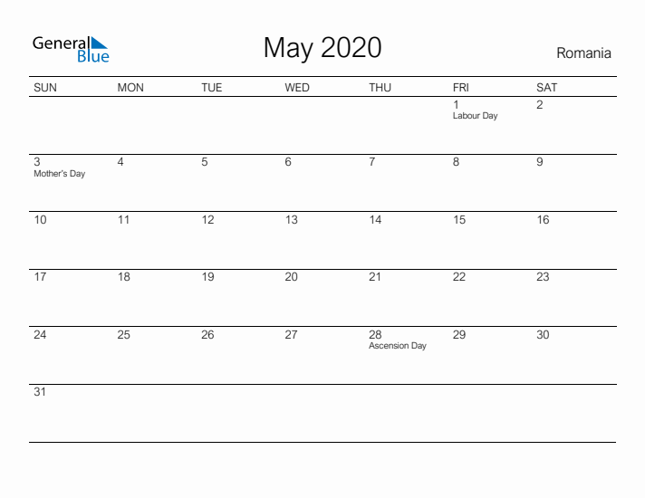 Printable May 2020 Calendar for Romania