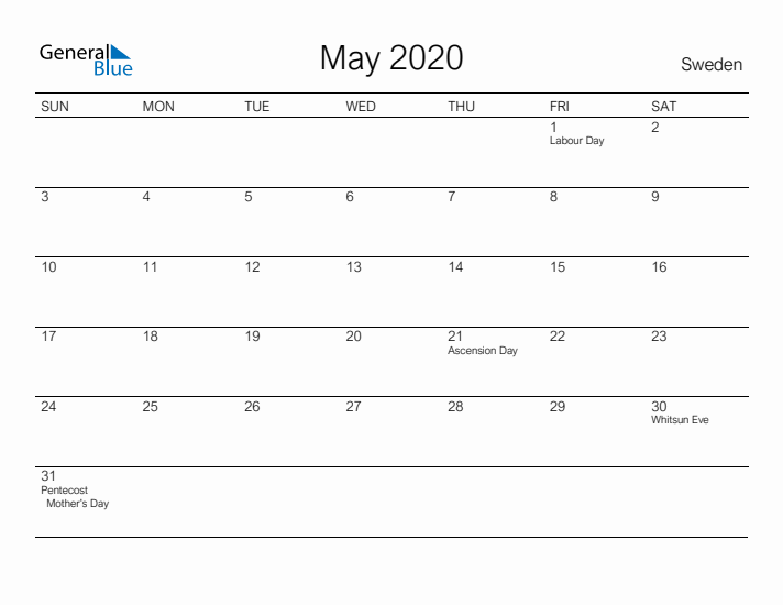 Printable May 2020 Calendar for Sweden
