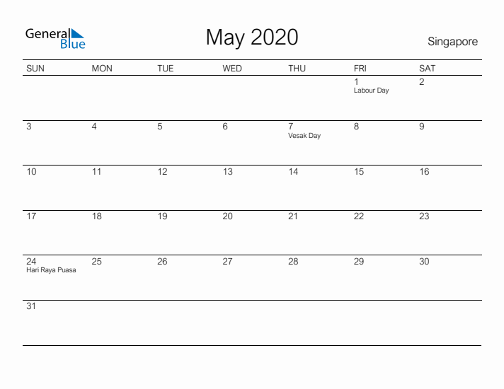 Printable May 2020 Calendar for Singapore