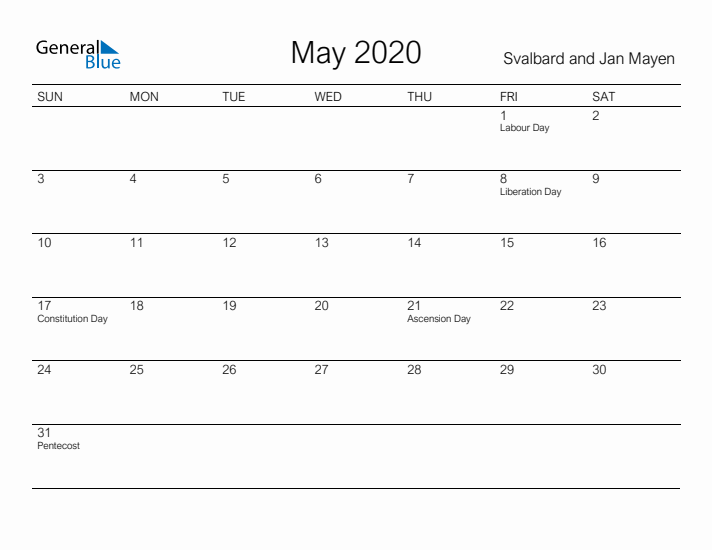 Printable May 2020 Calendar for Svalbard and Jan Mayen