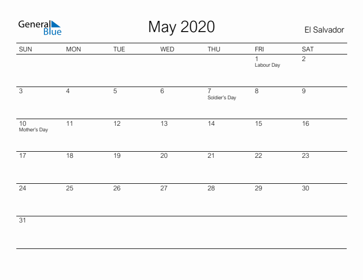 Printable May 2020 Calendar for El Salvador