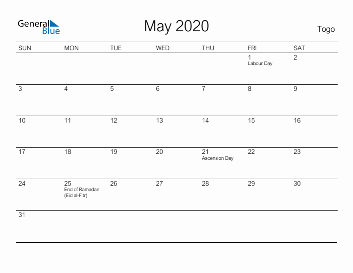 Printable May 2020 Calendar for Togo