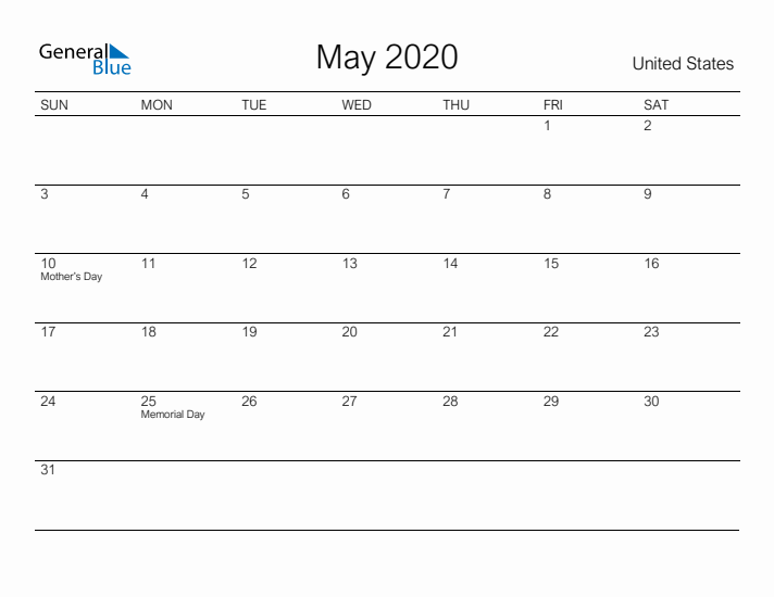 Printable May 2020 Calendar for United States