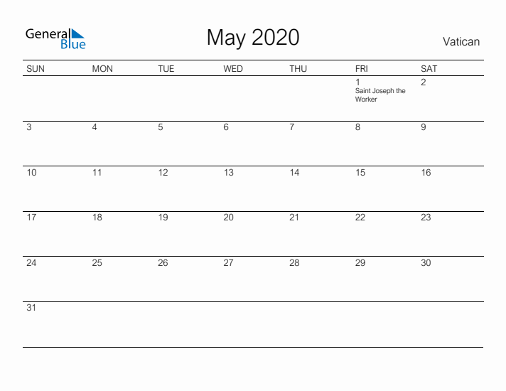 Printable May 2020 Calendar for Vatican