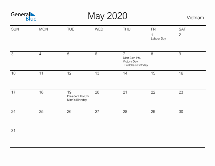 Printable May 2020 Calendar for Vietnam
