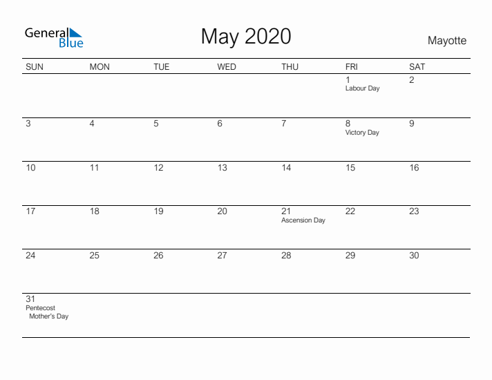 Printable May 2020 Calendar for Mayotte