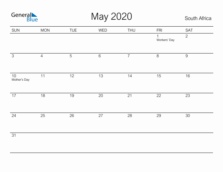 Printable May 2020 Calendar for South Africa