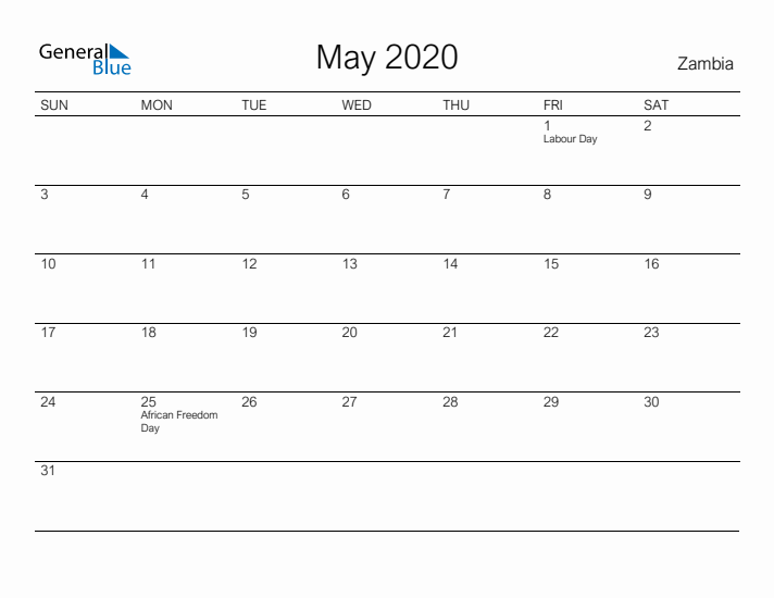 Printable May 2020 Calendar for Zambia