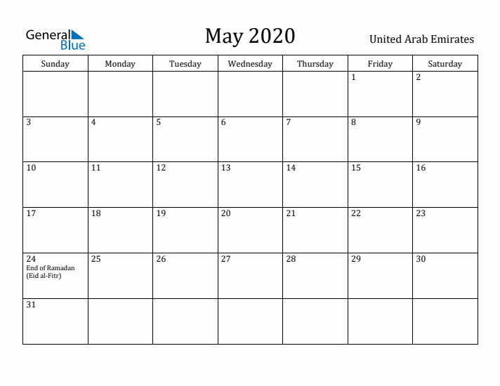 May 2020 Calendar United Arab Emirates