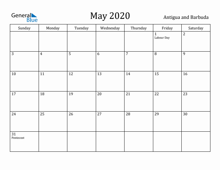 May 2020 Calendar Antigua and Barbuda