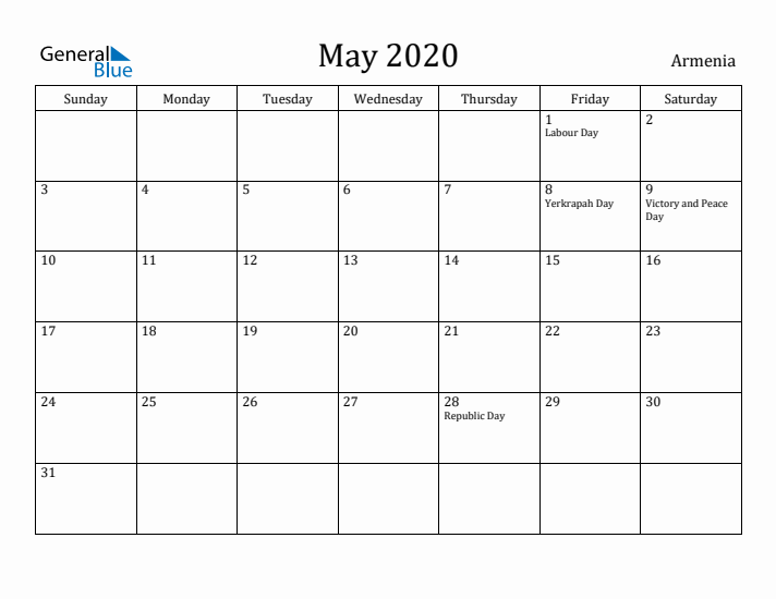 May 2020 Calendar Armenia