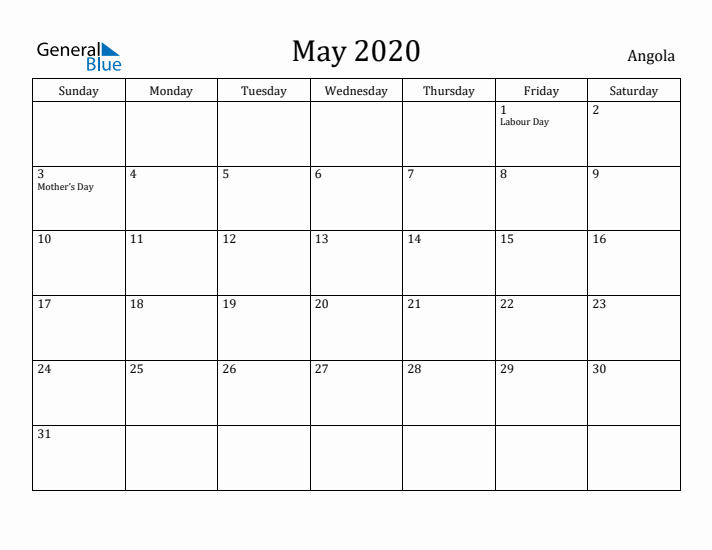 May 2020 Calendar Angola