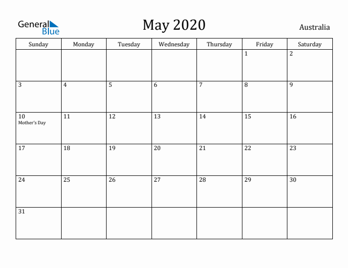 May 2020 Calendar Australia