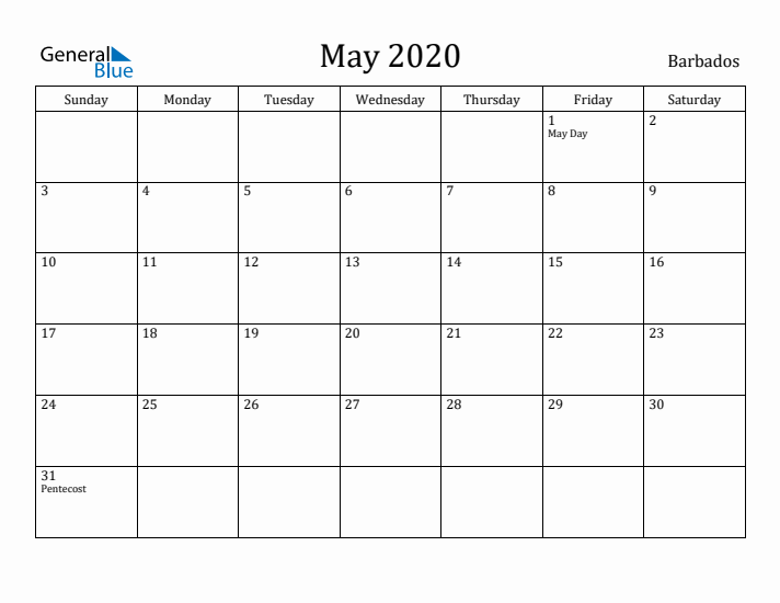 May 2020 Calendar Barbados