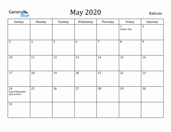 May 2020 Calendar Bahrain