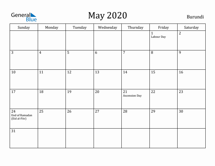 May 2020 Calendar Burundi