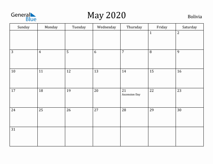 May 2020 Calendar Bolivia