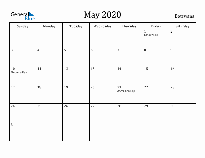 May 2020 Calendar Botswana