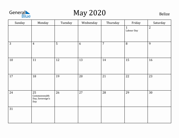 May 2020 Calendar Belize