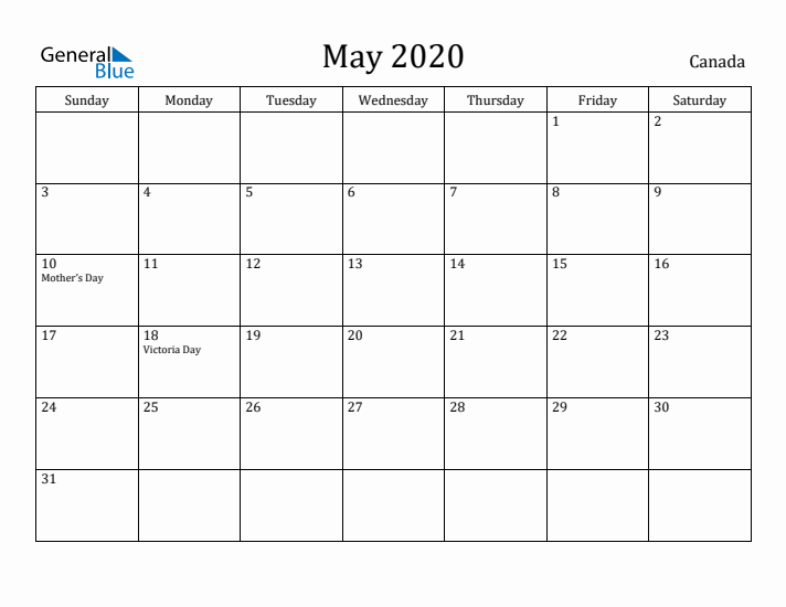 May 2020 Calendar Canada