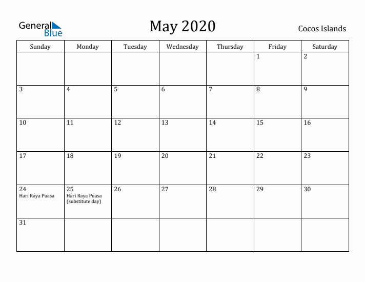 May 2020 Calendar Cocos Islands