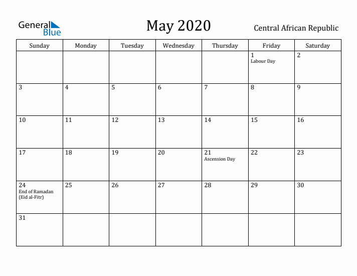 May 2020 Calendar Central African Republic
