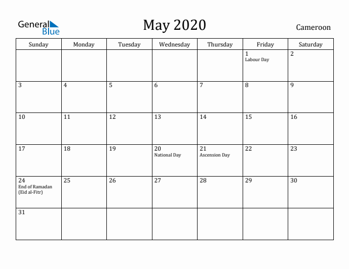 May 2020 Calendar Cameroon