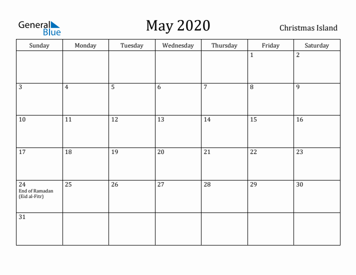 May 2020 Calendar Christmas Island