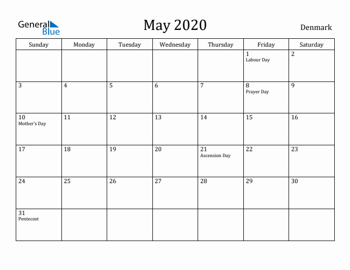 May 2020 Calendar Denmark