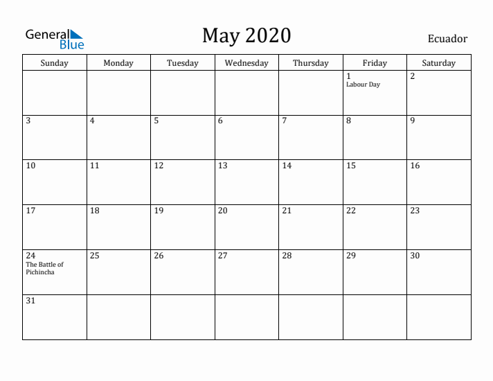 May 2020 Calendar Ecuador