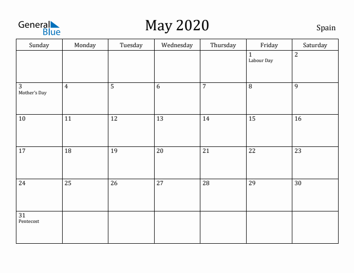 May 2020 Calendar Spain