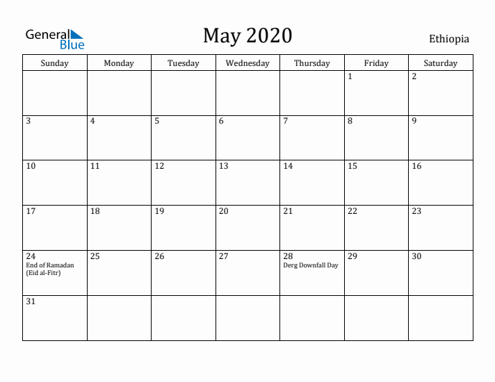 May 2020 Calendar Ethiopia