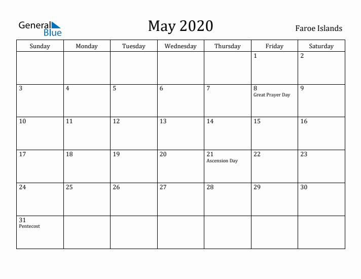 May 2020 Calendar Faroe Islands