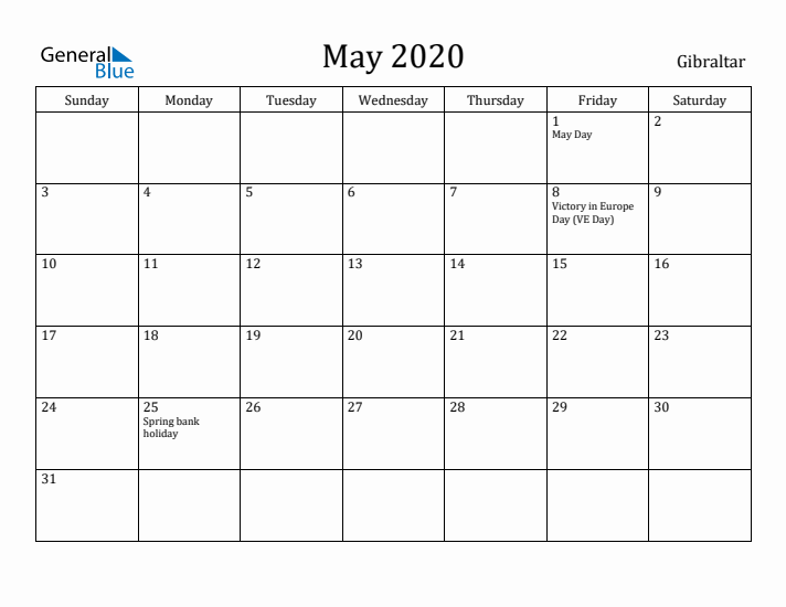 May 2020 Calendar Gibraltar