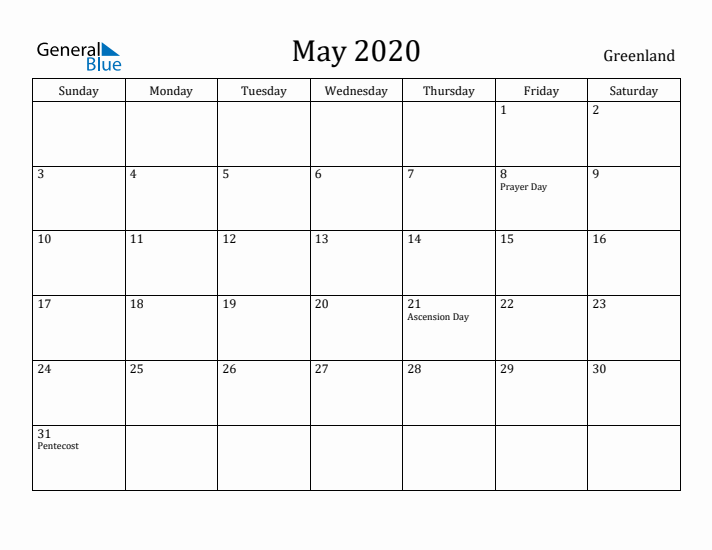 May 2020 Calendar Greenland