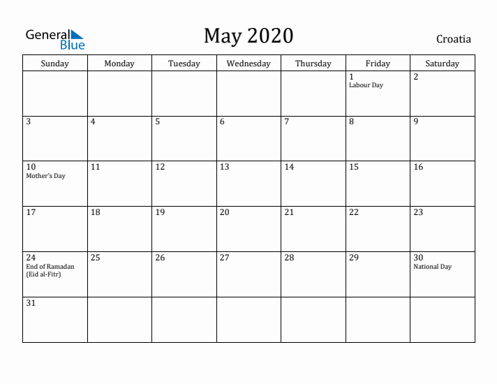 May 2020 Calendar Croatia