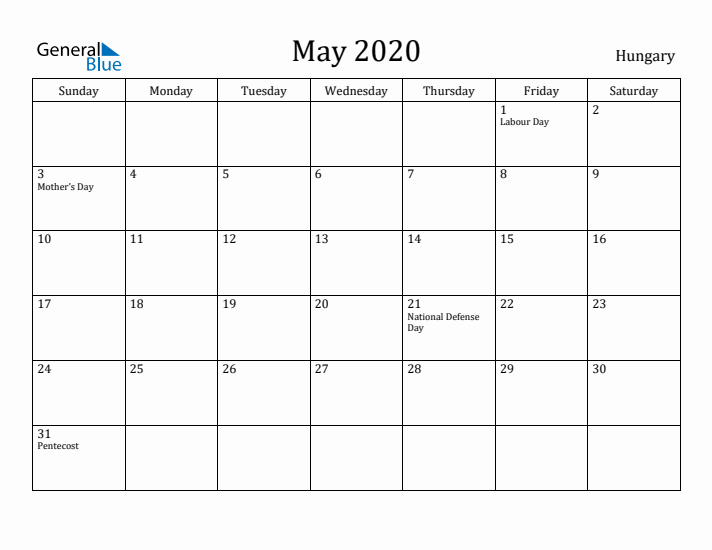 May 2020 Calendar Hungary