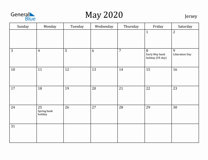 May 2020 Calendar Jersey