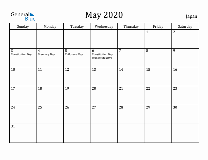 May 2020 Calendar Japan
