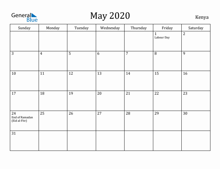 May 2020 Calendar Kenya