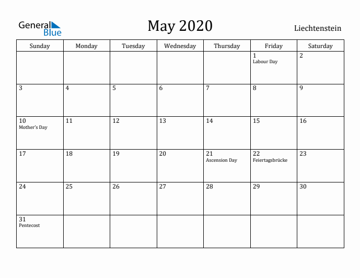 May 2020 Calendar Liechtenstein