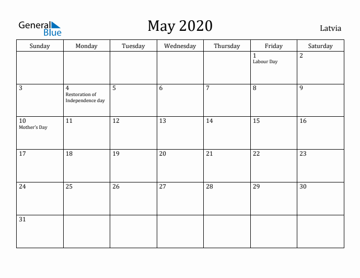 May 2020 Calendar Latvia