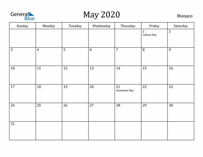 May 2020 Calendar Monaco