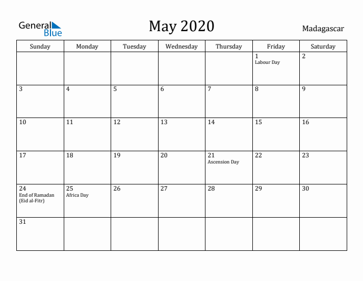 May 2020 Calendar Madagascar